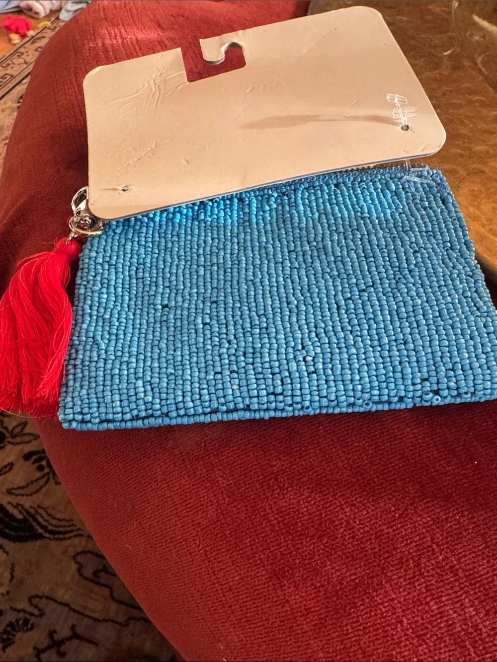 Sol & Mer Blue Beaded Key & Card Holder with Red Lobster and Tassel